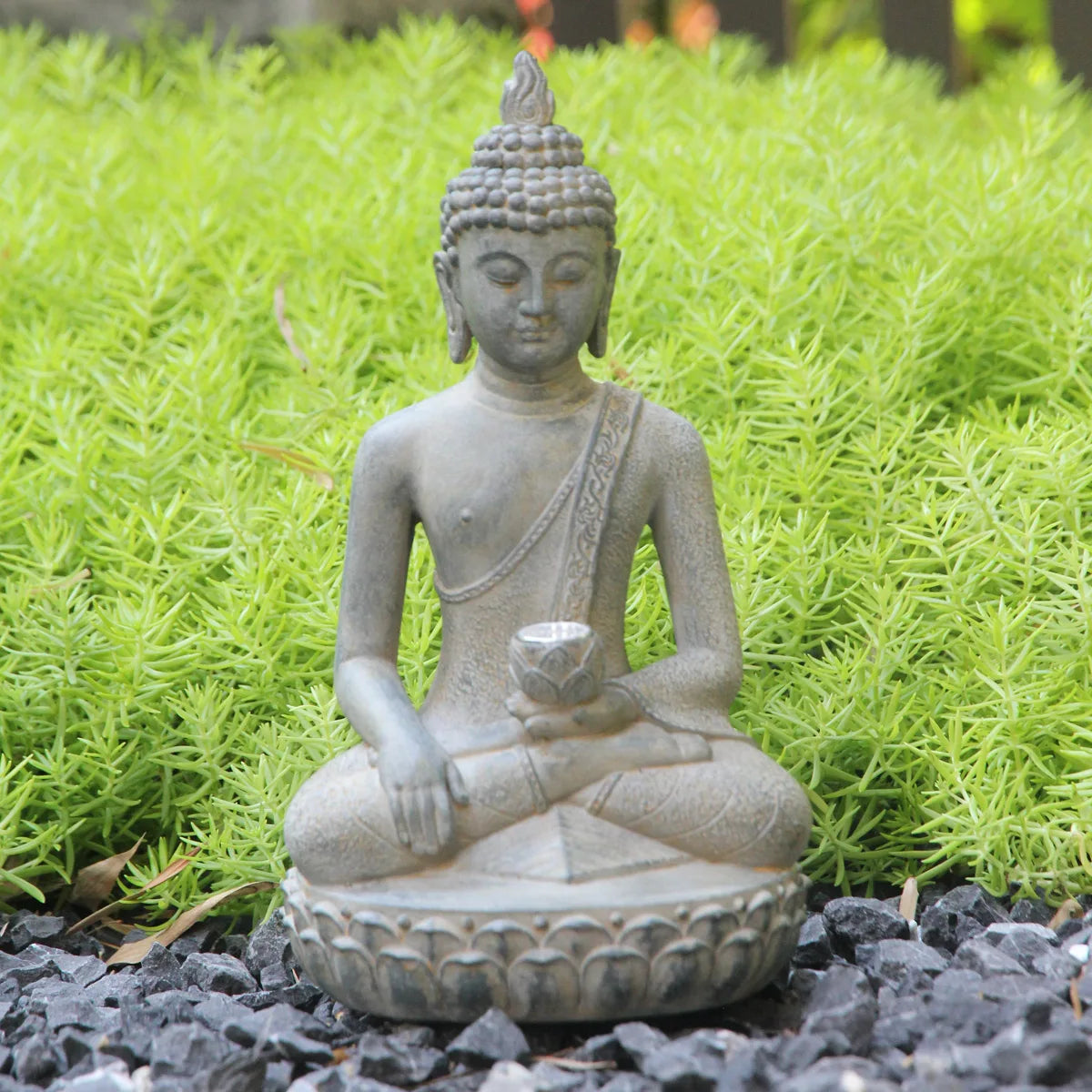 Statue Bouddha Solaire avec Lumière – Décoration Zen Extérieure en Résine