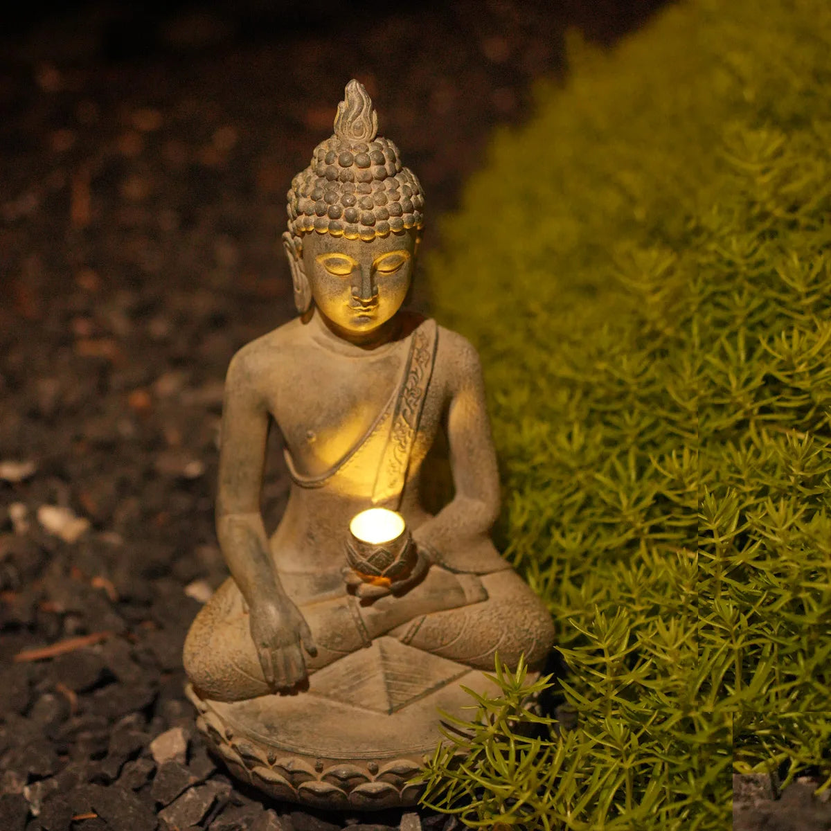 Statue Bouddha Solaire avec Lumière – Décoration Zen Extérieure en Résine