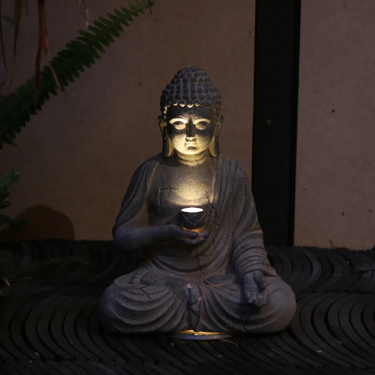 Statue Bouddha Solaire avec Lumière – Décoration Zen Extérieure en Résine