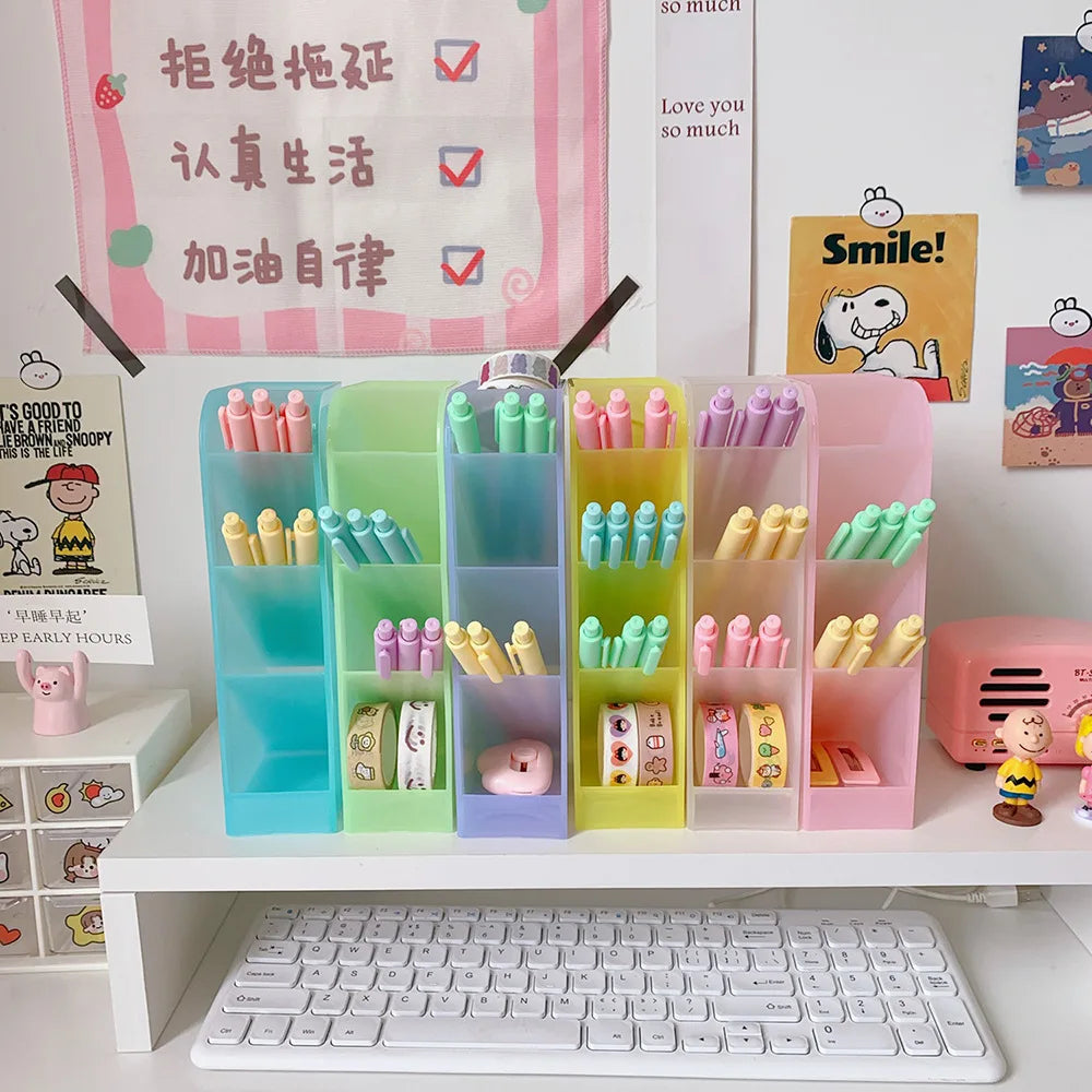 Candy Color 4 Grid Desktop Pen Holder Kawaii Small Big Size Makeup Brushes Lipstick Pens Storage Organizer School Stationery