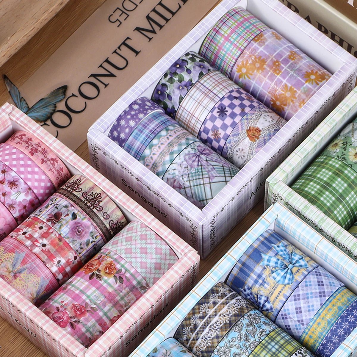 10 Roll/Box Flower Washi Tape Grid Series Masking Tape Decortative Stickers Album Diary Decoration Phone Case Cup