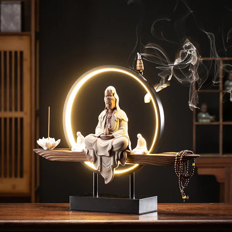 Statue Guanyin & Brûleur d’Encens à Reflux