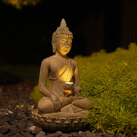 Statue Bouddha Solaire avec Lumière – Décoration Zen Extérieure en Résine