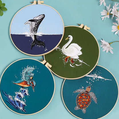Kit Broderie Côtière – Animaux Marins (Tortue & Oiseau) pour Débutants et Adultes