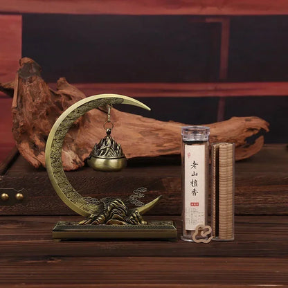 Brûleur d’Encens Lune & Gourde – Support Suspendu en Laiton, Déco Zen Chinoise