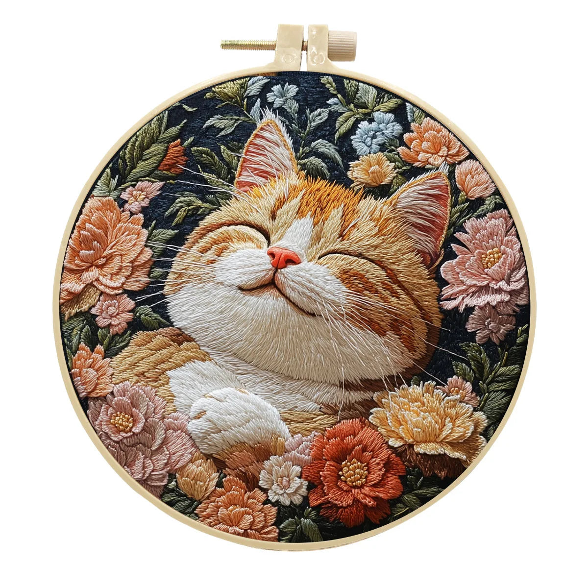 Kit Broderie Chat Floral – Toile Noire Stempée & Accessoires Inclus