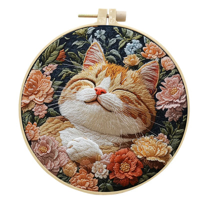 Kit Broderie Chat Floral – Toile Noire Stempée & Accessoires Inclus